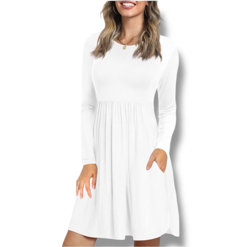 LONGYUAN Knee High White Long Sleeve Dress with pockets - Picture 1 of 14